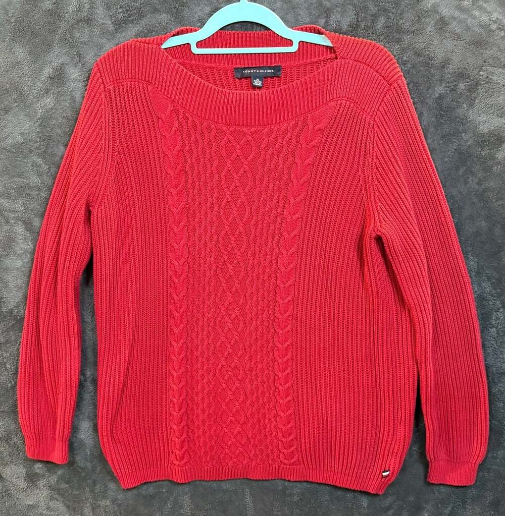 Tommy Hilfiger Cable Knit Sweater Size XL Red Boat Neck